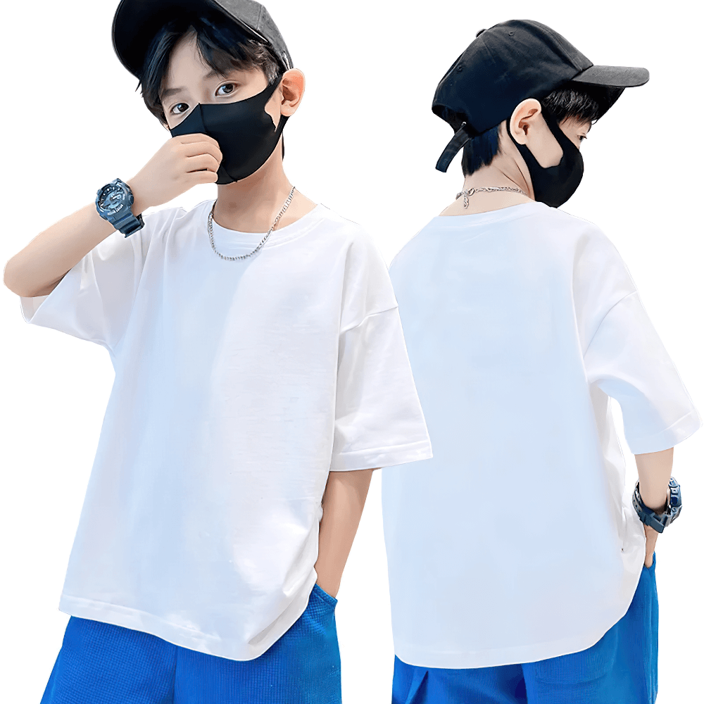 Trendy kids solid color short-sleeved cotton t-shirt in white, perfect for casual wear. Model showcases front and back design.